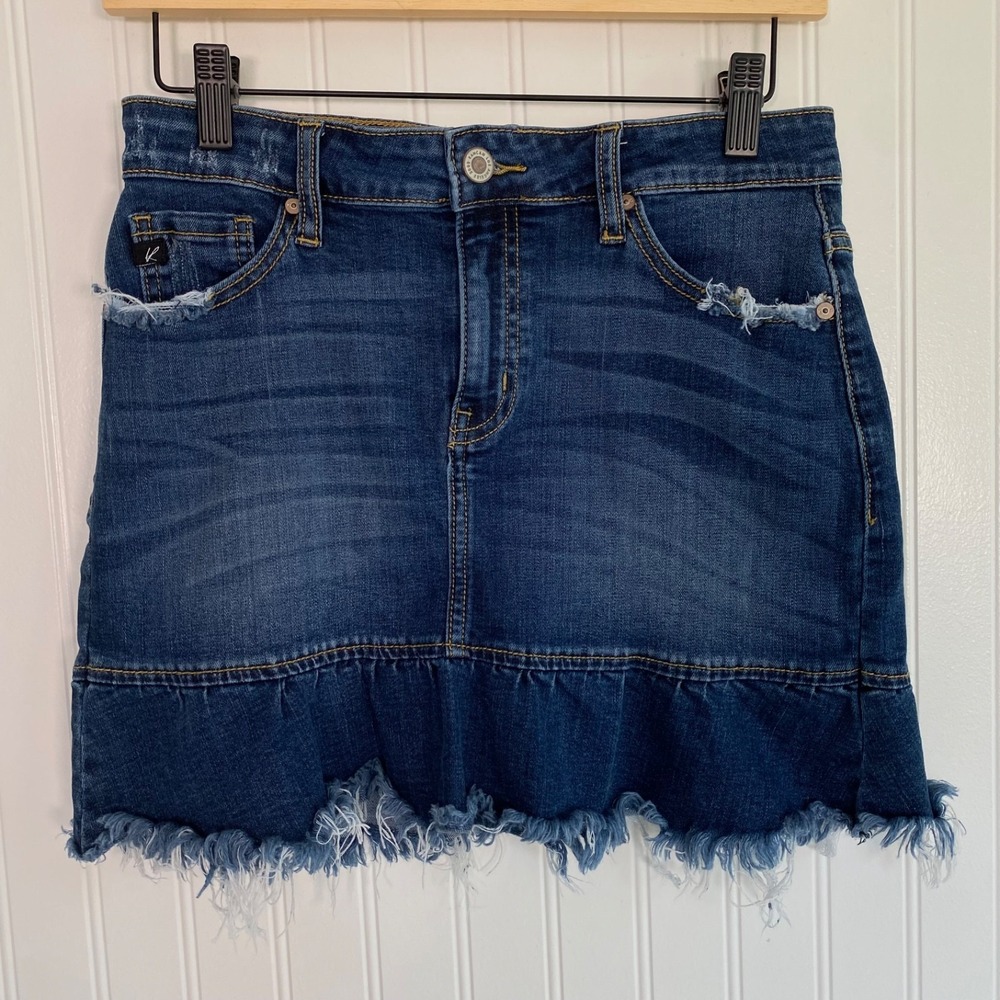 Kancan Womens Y2K‎ Denim Ruffle Mini Skirt M Boho Cowgirl Frayed Hem  Kawaii